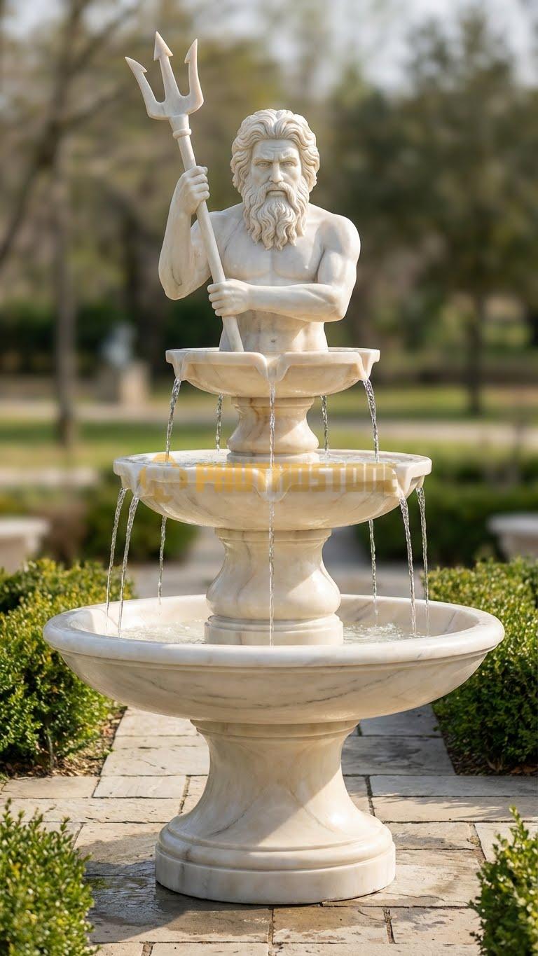 Đài phun nước điêu khắc tượng Thần Biển Poseidon cầm đinh ba râu tóc chi tiết cao 2m8