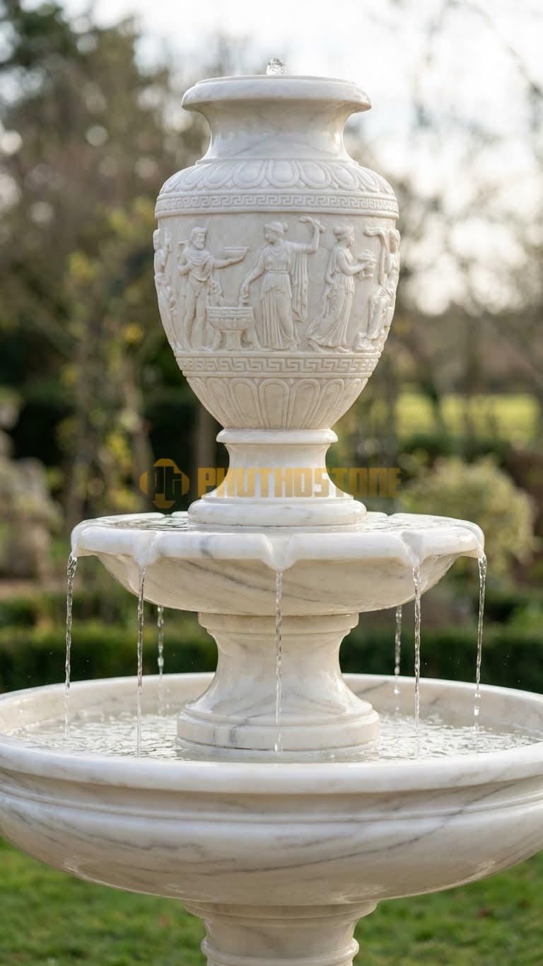 Đài phun nước hình ly (Urn Fountain) chạm khắc phù điêu lễ hội Hy Lạp cao 1m9