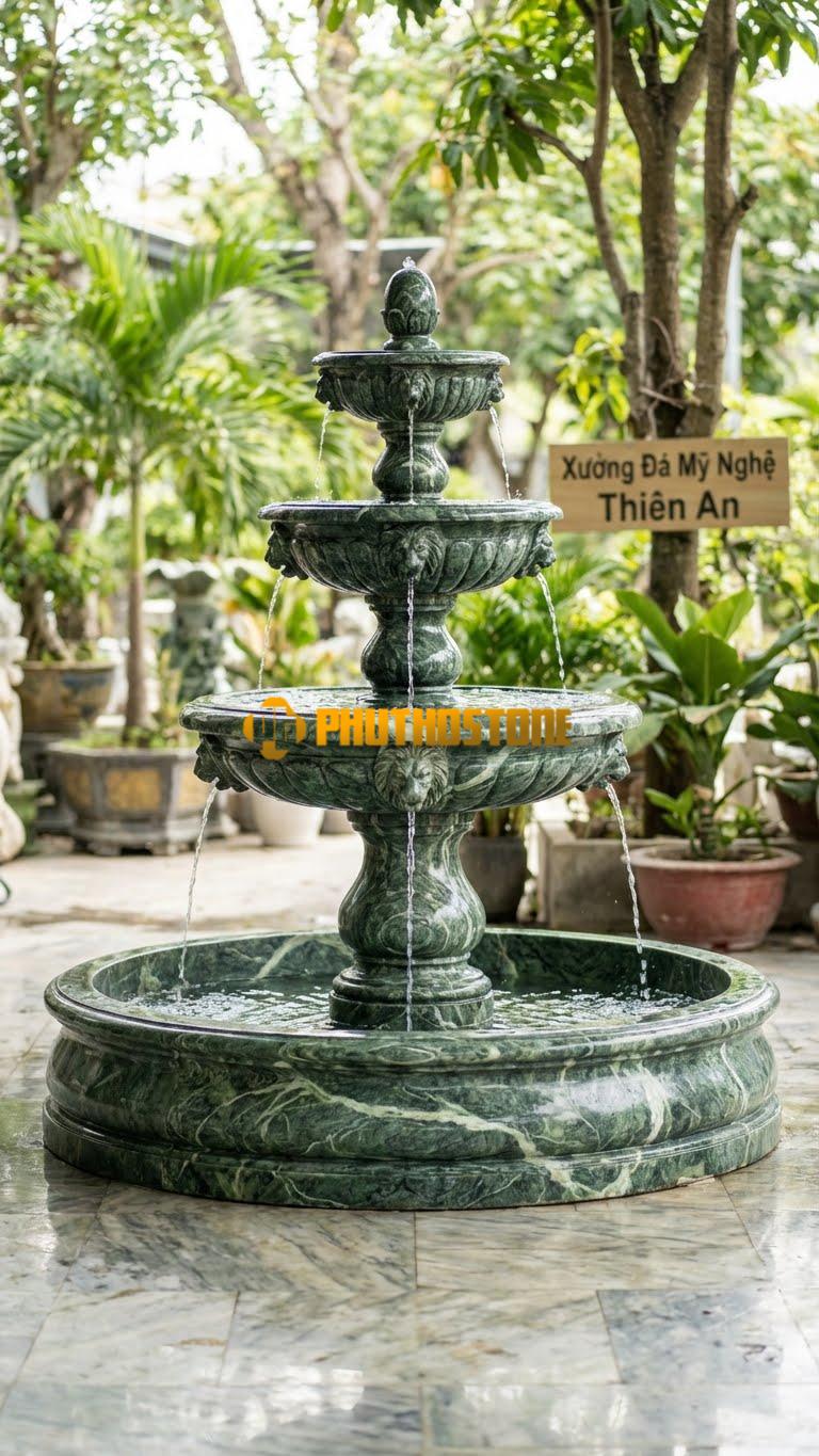 Đài Phun Nước Sư Tử 3 Tầng D1.5M x C2.2m. Chất Liệu Đá Xanh Ấn
