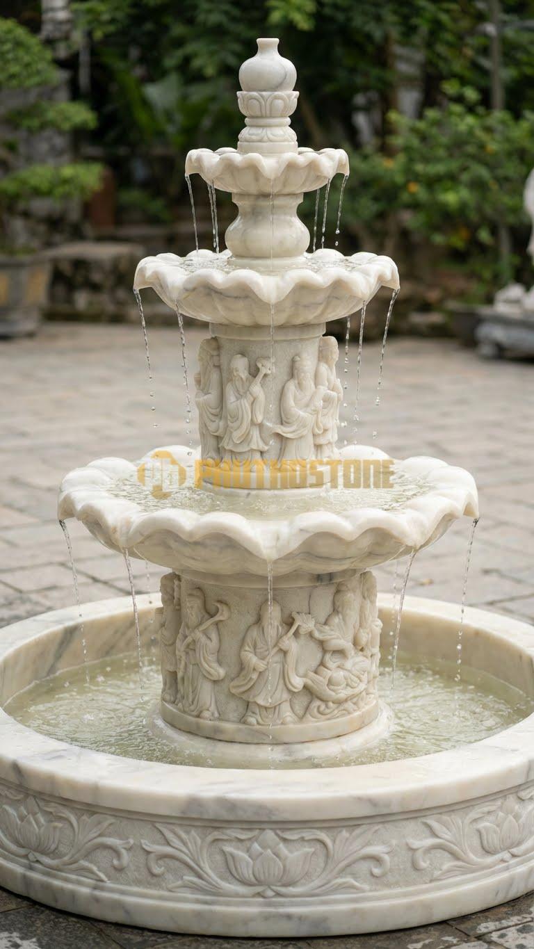 Đài phun nước trụ đá chạm khắc Bát Tiên Quá Hải thần thái cao 2m6
