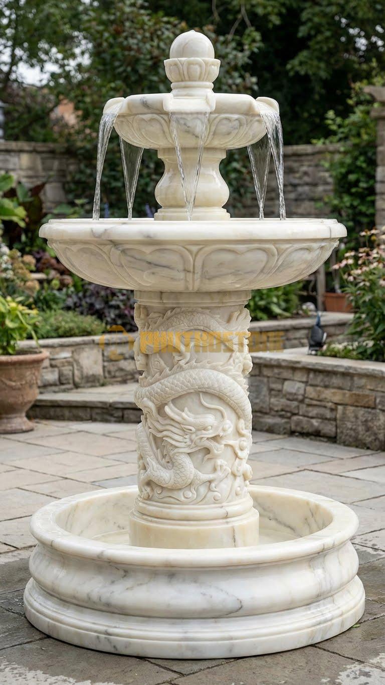 Đài phun nước trụ Rồng cuộn (Long Cuốn Thủy) chạm kênh bong sâu 10cm cao 3m