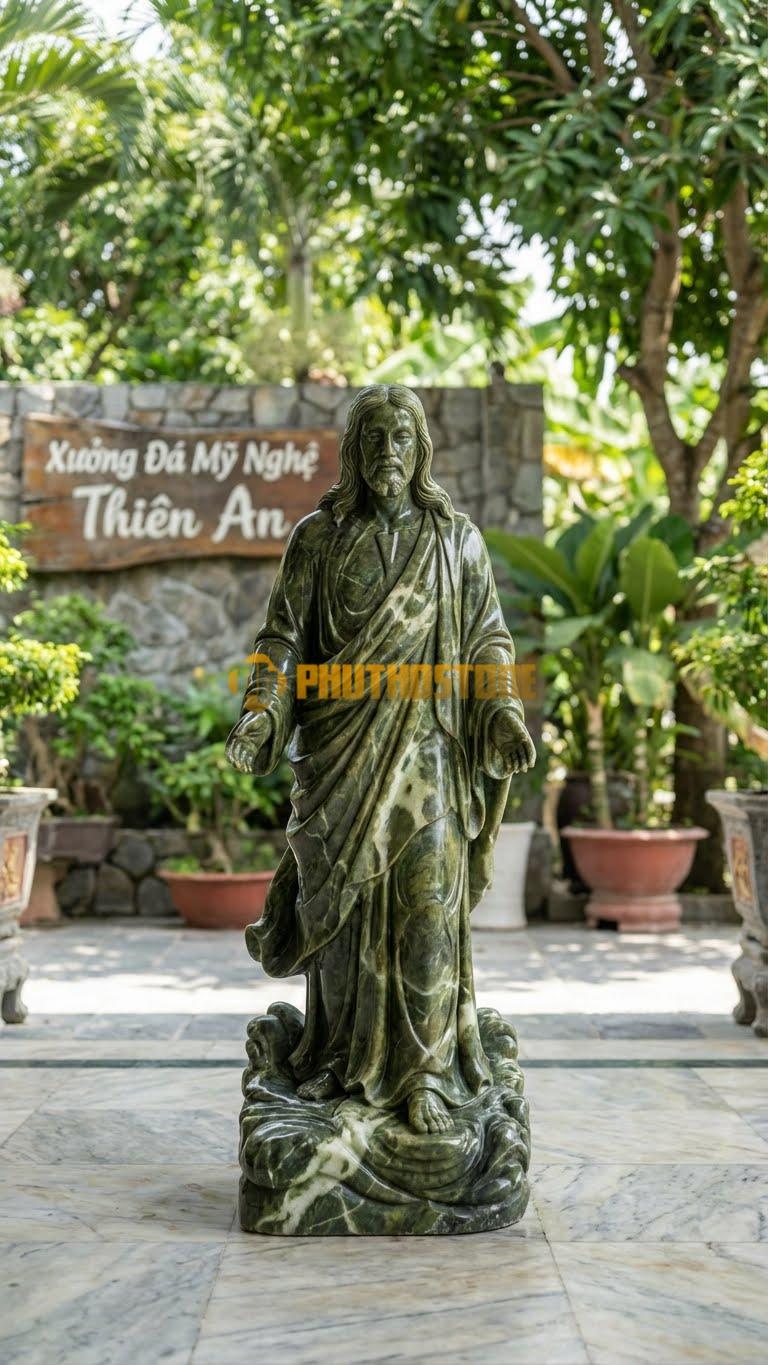Đài Phun Nước Tượng Chúa Giê-Su Đi Trên Mặt Nước Cứu Thánh Phêrô – Đá Serpentine – Cao 1M8