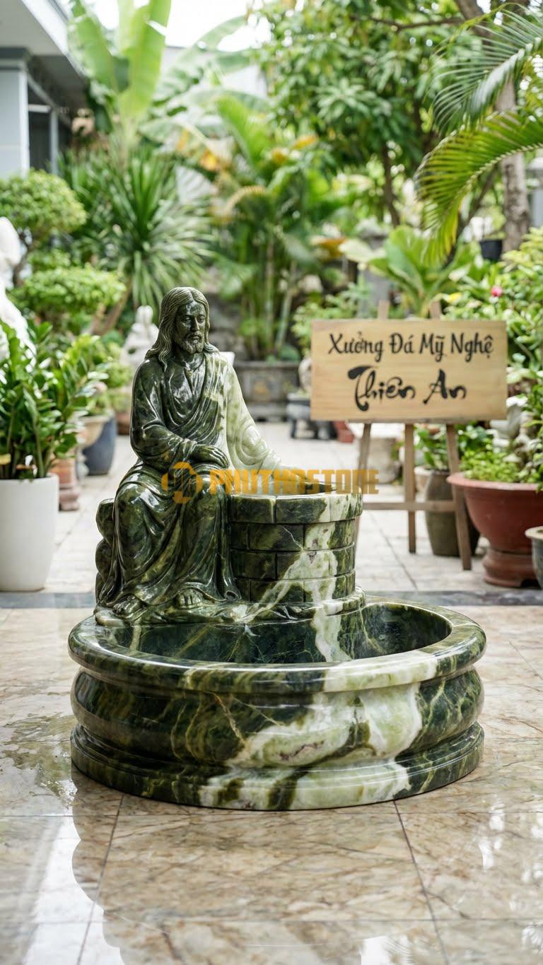 Đài Phun Nước Tượng Chúa Giê-Su Ngồi Bên Thành Giếng Gia-Cóp – Đá Serpentine – Đường Kính Hồ 2M, Tượng Cao 1M2