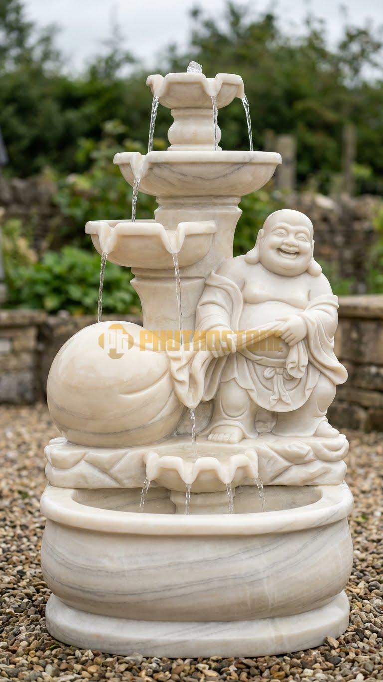 Đài phun nước tượng Di Lặc kéo bao tiền chạm bụng tròn bóng cao 1m9