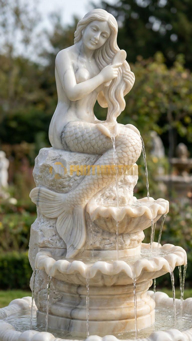 Đài phun nước tượng nàng tiên cá ngồi trên mỏm đá chải tóc chi tiết cao 1m8