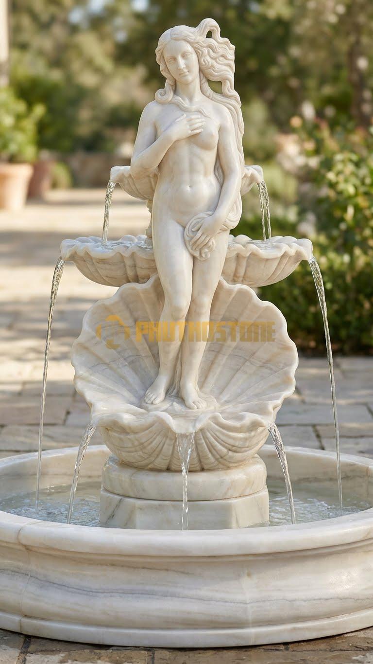 Đài phun nước tượng Nữ Thần Venus đứng trên vỏ sò điêu khắc tỉ mỉ cao 2m