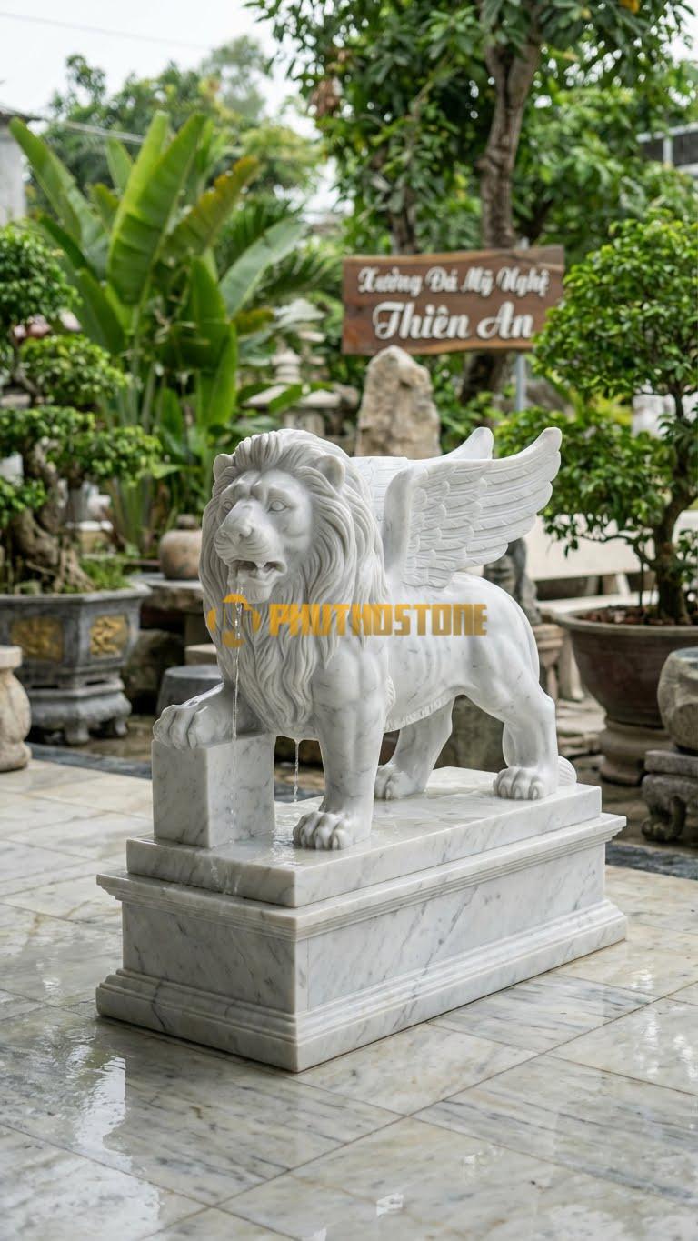Đài Phun Nước Tượng Sư Tử (Biểu Tượng Thánh Marcô) Phun Nước – Đá Trắng Vân Mây – Cao 1M2