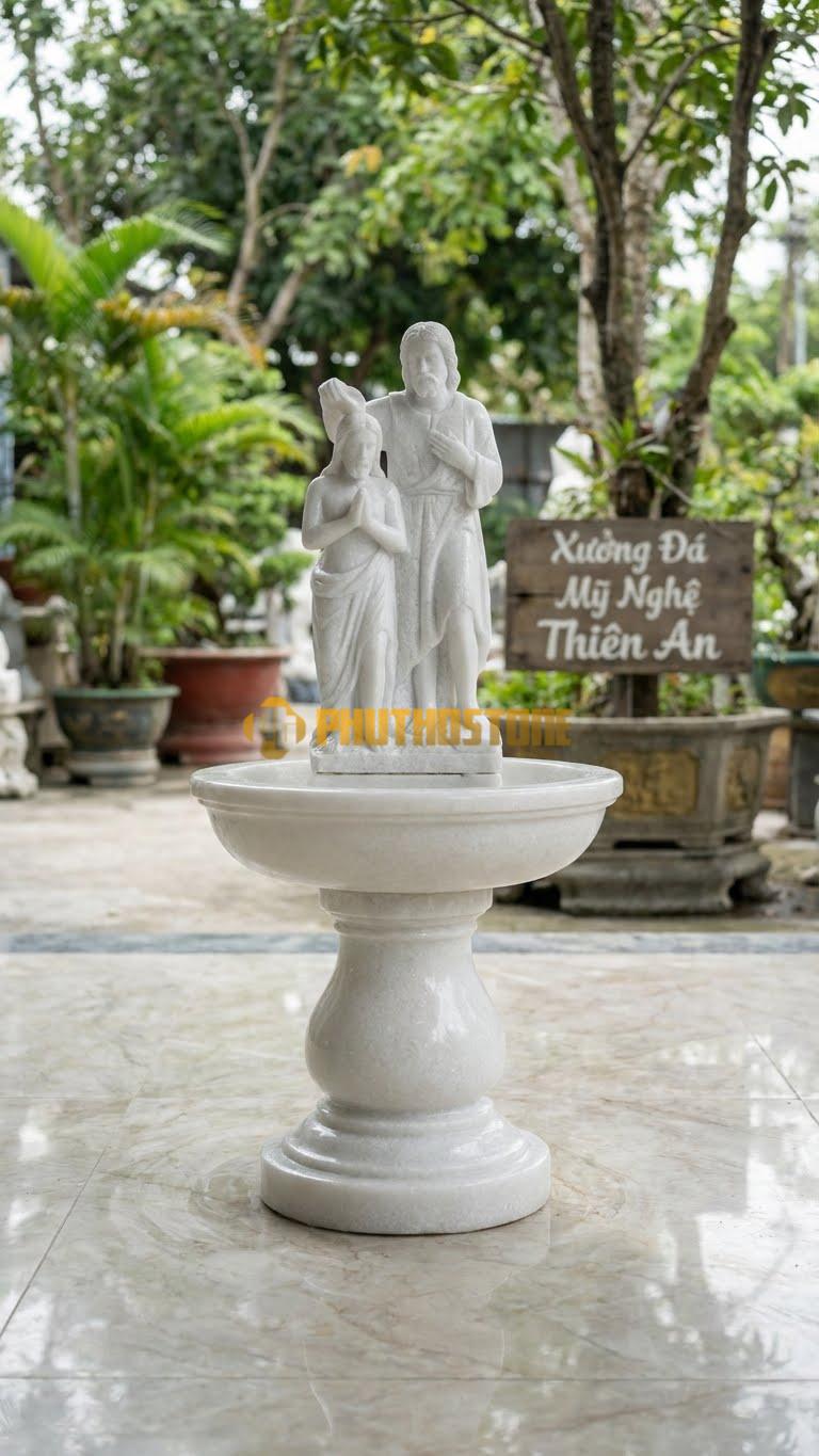 Đài Phun Nước Tượng Thánh Gioan Tẩy Giả Đổ Nước Làm Phép Rửa Cho Chúa – Đá Trắng Cẩm Thạch – Cao 2M