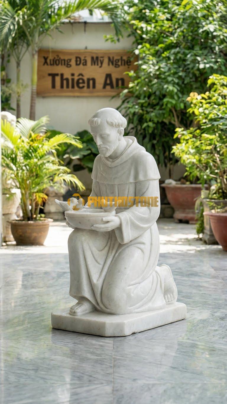 Đài Phun Nước Tượng Thánh Phanxicô Assisi Nâng Bát Cho Chim Uống – Đá Trắng Cẩm Thạch – Cao 1M5