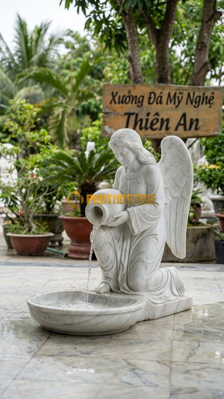 Đài Phun Nước Tượng Thiên Thần Đứng Nghiêng Bình Đổ Nước Xuống Hồ – Đá Trắng Vân Mây – Cao 1M6