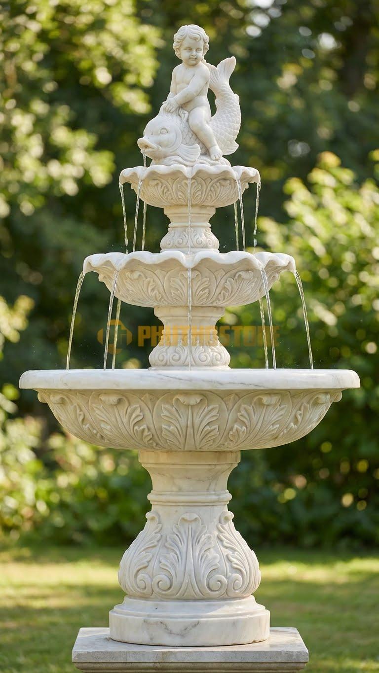 Đài phun nước tượng Thiên Thần nhỏ (Cherub) cưỡi cá chép phun nước cao 1m8
