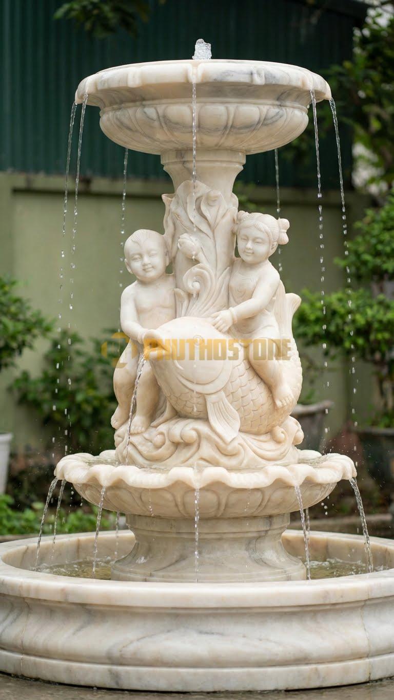 Đài phun nước tượng Tiên Đồng Ngọc Nữ cưỡi cá chép cao 1m8