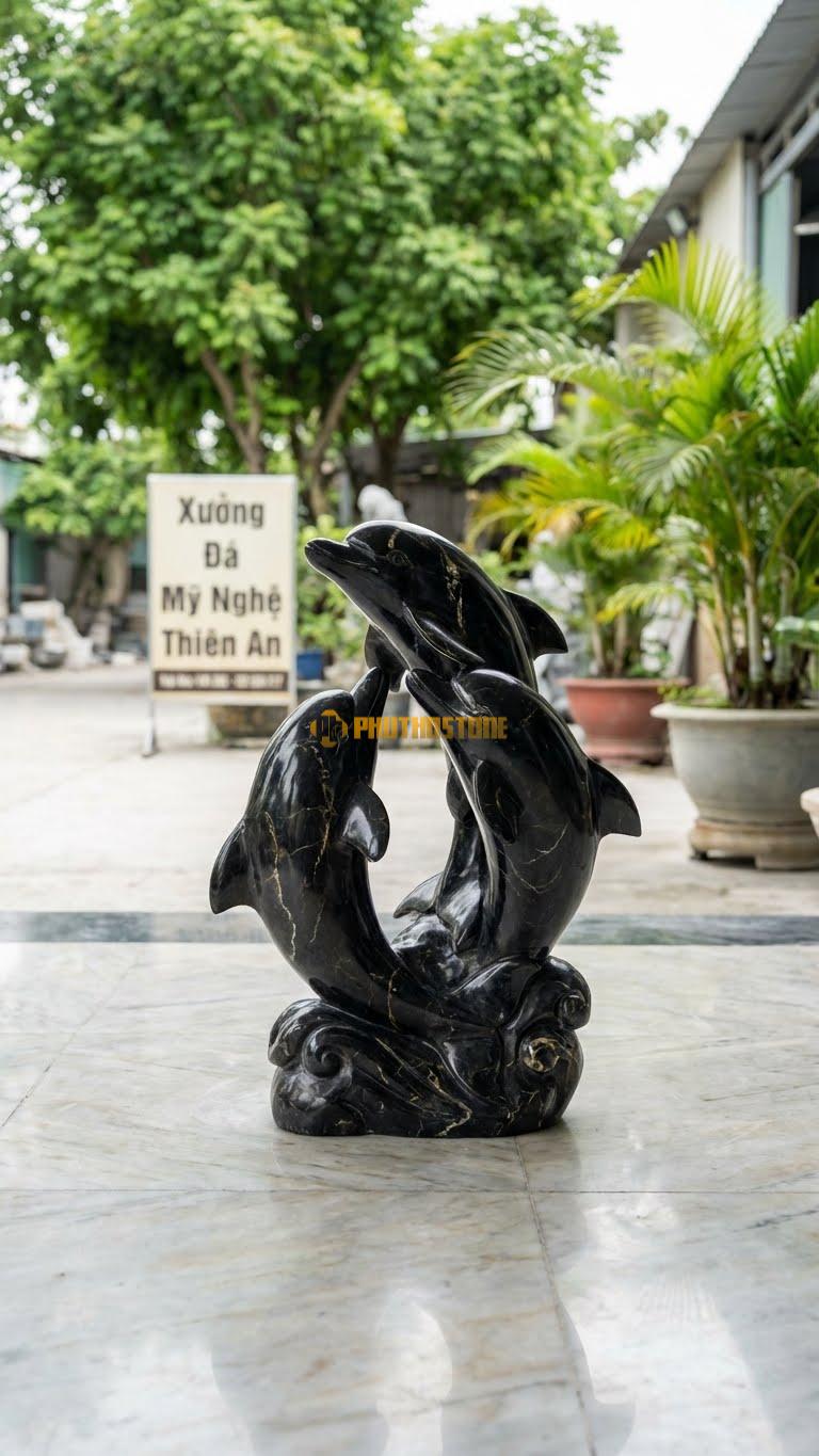 Đàn Cá Heo Bằng Đá Đen Chỉ Nâu, Kiểu Dáng 3 Con Bơi Vòng Quanh. Kích Thước Cao 45cm.