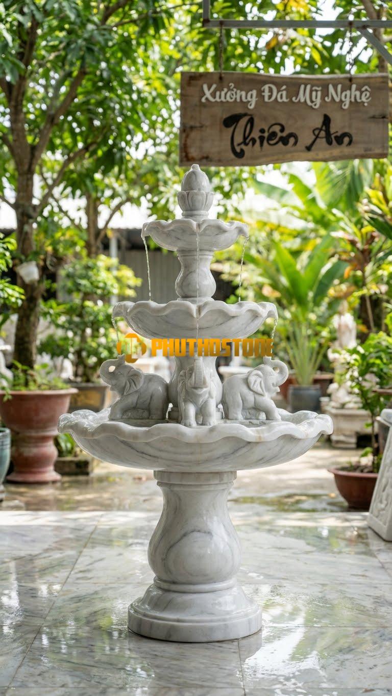 Đàn Voi Đá Tắm Suối (Bộ 3 Con) C80cm – C1.2m. Chất Liệu Đá Trắng Xanh