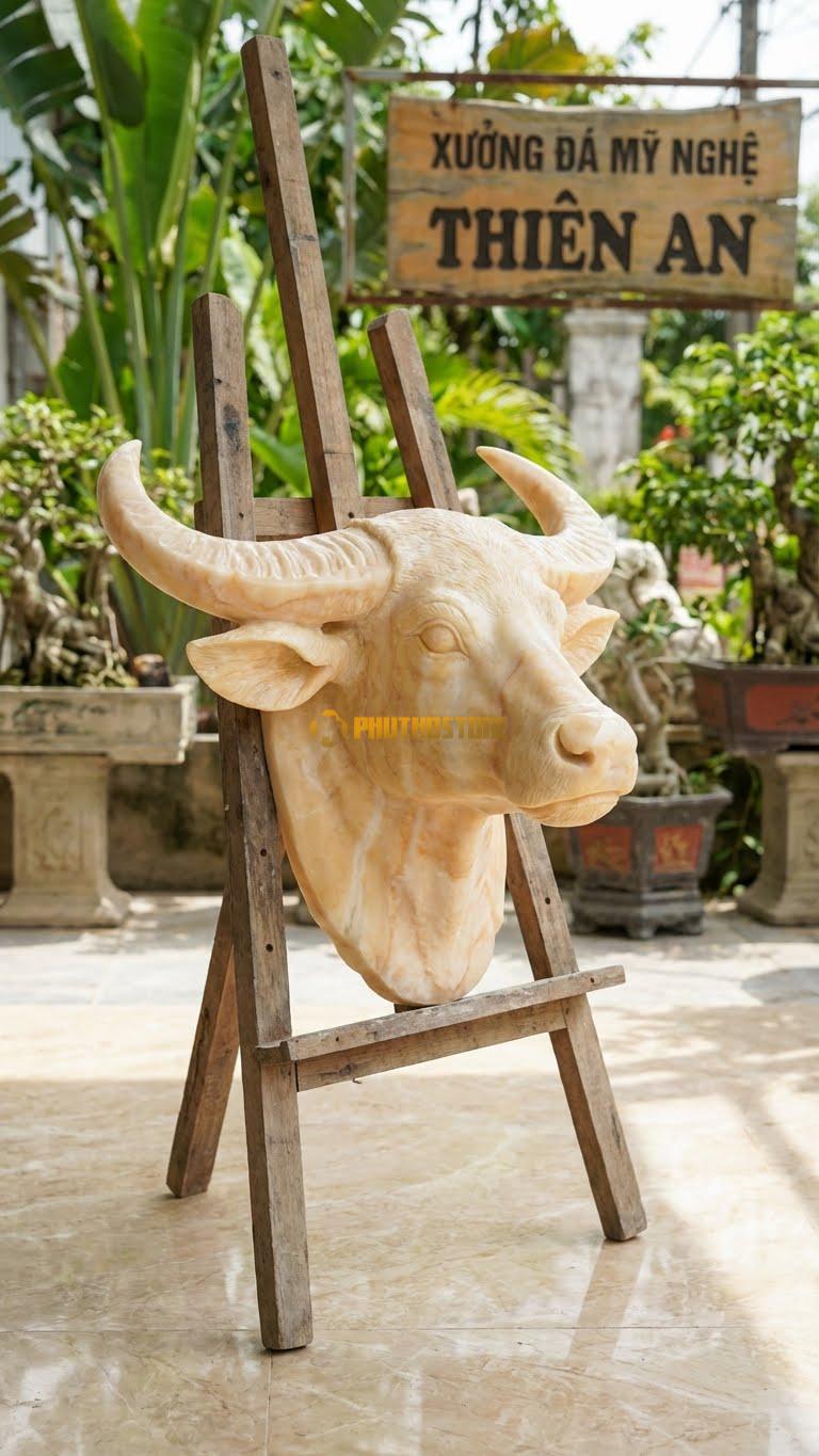 Đầu Bò Treo Tường Bằng Đá Vàng Nghệ An, Kiểu Dáng Kích Thước Rộng 40cm.