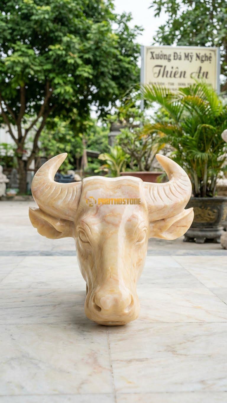 Đầu Bò Treo Tường Bằng Đá Vàng Nghệ An, Kiểu Dáng Kích Thước Rộng 40cm.