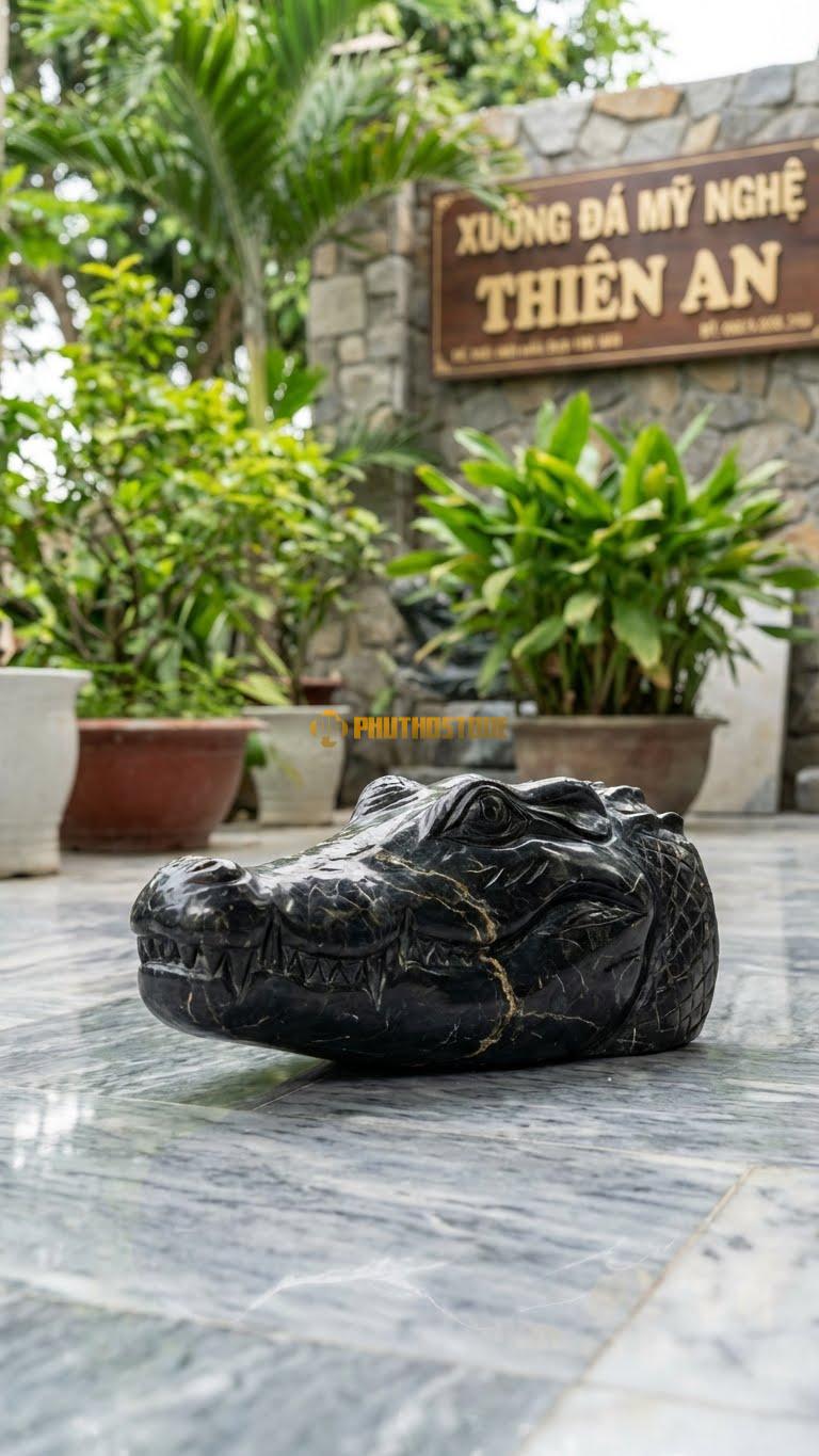 Đầu Cá Sấu Bằng Đá Đen Chỉ Nâu, Kiểu Dáng Kích Thước Dài 30cm.