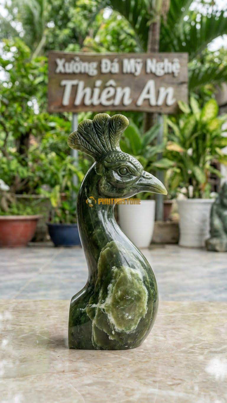 Đầu Công Bằng Đá Serpentine, Kiểu Dáng Đặc Tả Mào Và Cổ. Kích Thước Cao 25cm.