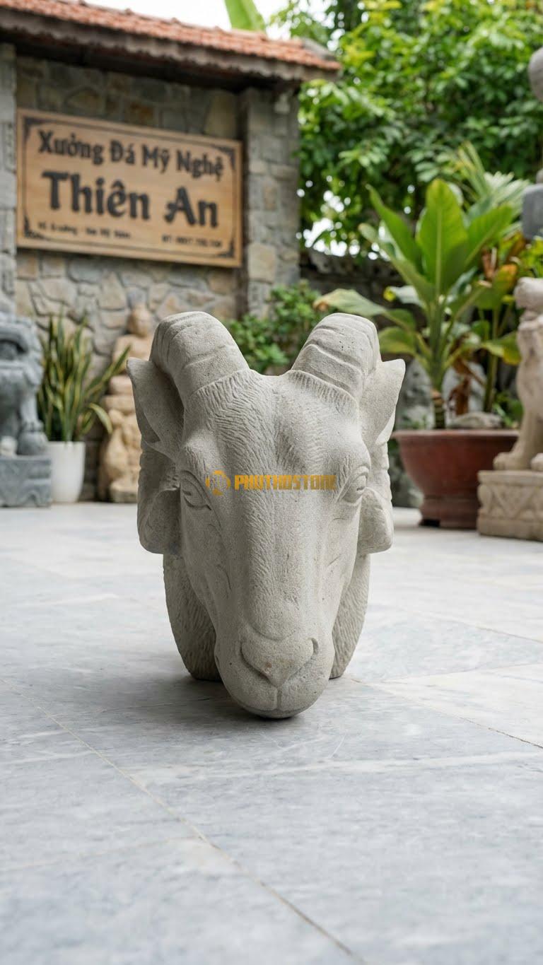 Đầu Dê Treo Tường Bằng Đá Sa Thạch, Kiểu Dáng Phong Cách Decor Bắc Âu. Kích Thước Rộng 30cm.
