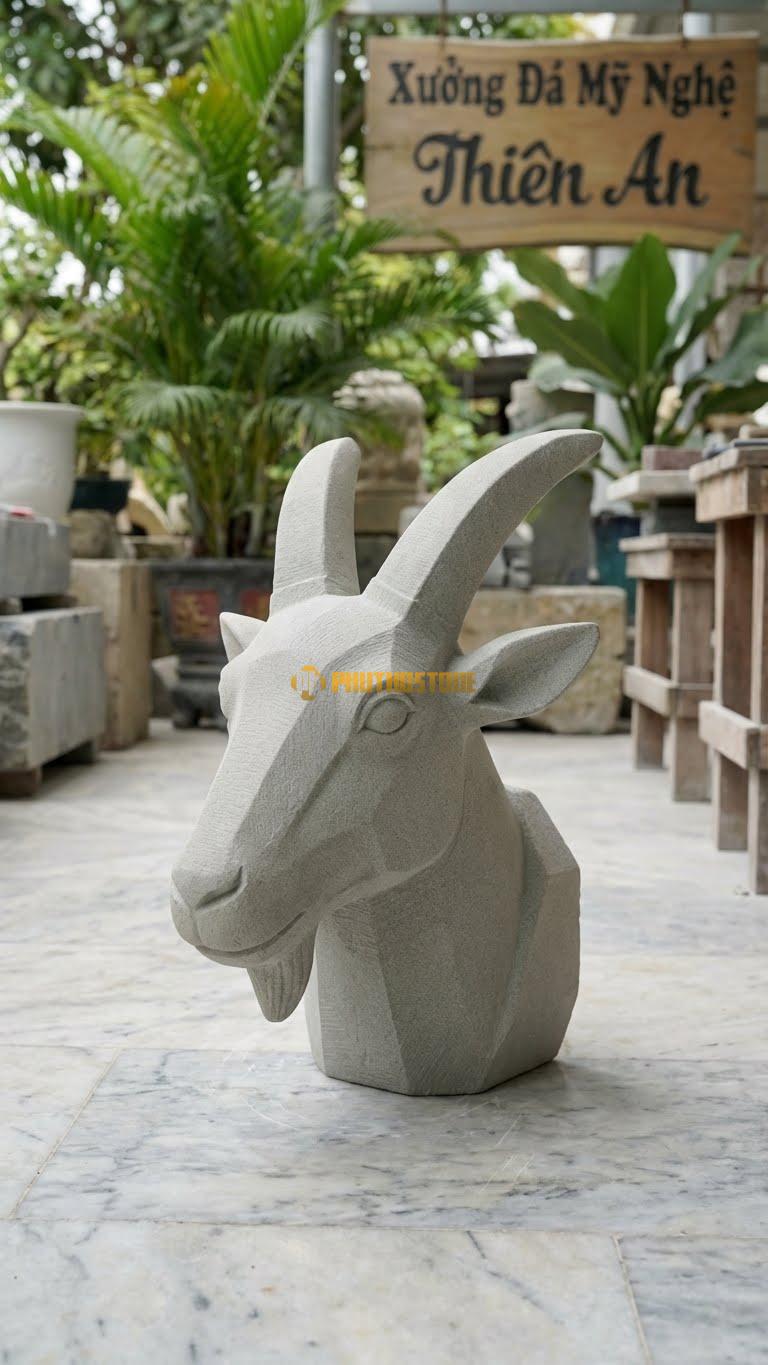 Đầu Dê Treo Tường Bằng Đá Sa Thạch, Kiểu Dáng Phong Cách Decor Bắc Âu. Kích Thước Rộng 30cm.