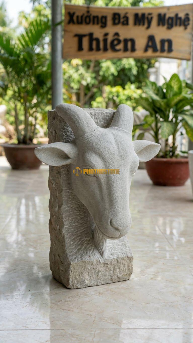 Đầu Dê Treo Tường Bằng Đá Sa Thạch, Kiểu Dáng Phong Cách Decor Bắc Âu. Kích Thước Rộng 30cm.
