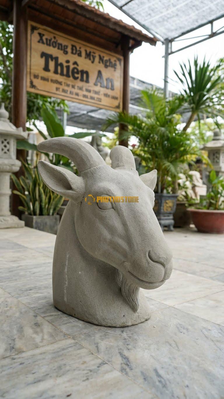 Đầu Dê Treo Tường Bằng Đá Sa Thạch, Kiểu Dáng Phong Cách Decor Bắc Âu. Kích Thước Rộng 30cm.