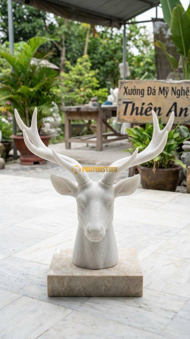 Đầu Hươu Treo Tường Bằng Đá Trắng Muối, Kiểu Dáng Sừng Tỏa Rộng Nghệ Thuật. Kích Thước Rộng 50cm.