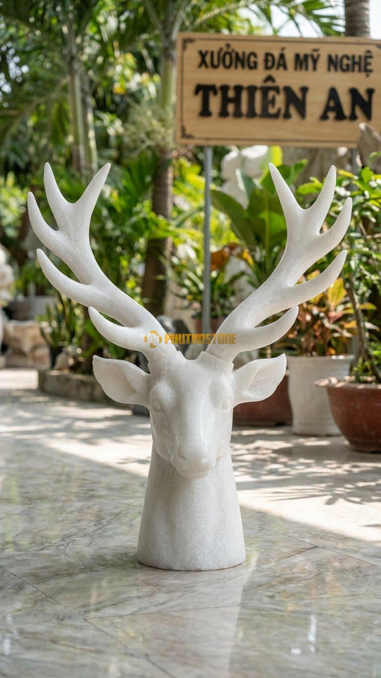 Đầu Hươu Treo Tường Bằng Đá Trắng Muối, Kiểu Dáng Sừng Tỏa Rộng Nghệ Thuật. Kích Thước Rộng 50cm.