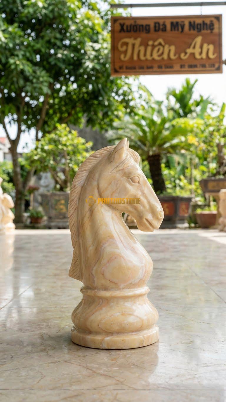 Đầu Ngựa Nghệ Thuật (Quân Cờ) Bằng Đá Vàng Nghệ An, Kiểu Dáng Giống Quân Mã Cờ Vua. Kích Thước Cao 20cm.