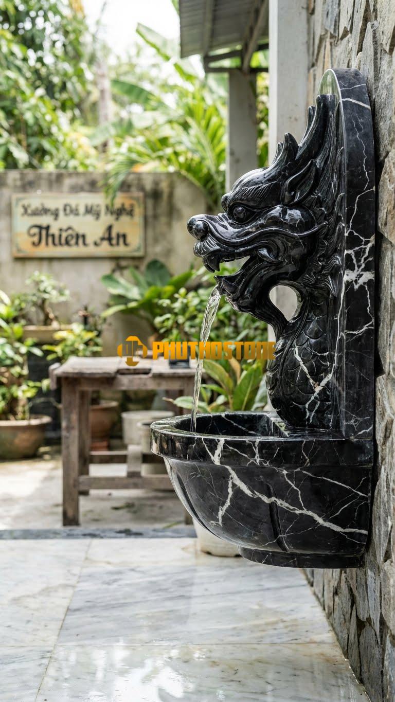 Đầu Rồng Phun Nước Gắn Tường 40cm x 60cm. Chất Liệu Đá Đen Tia Chớp