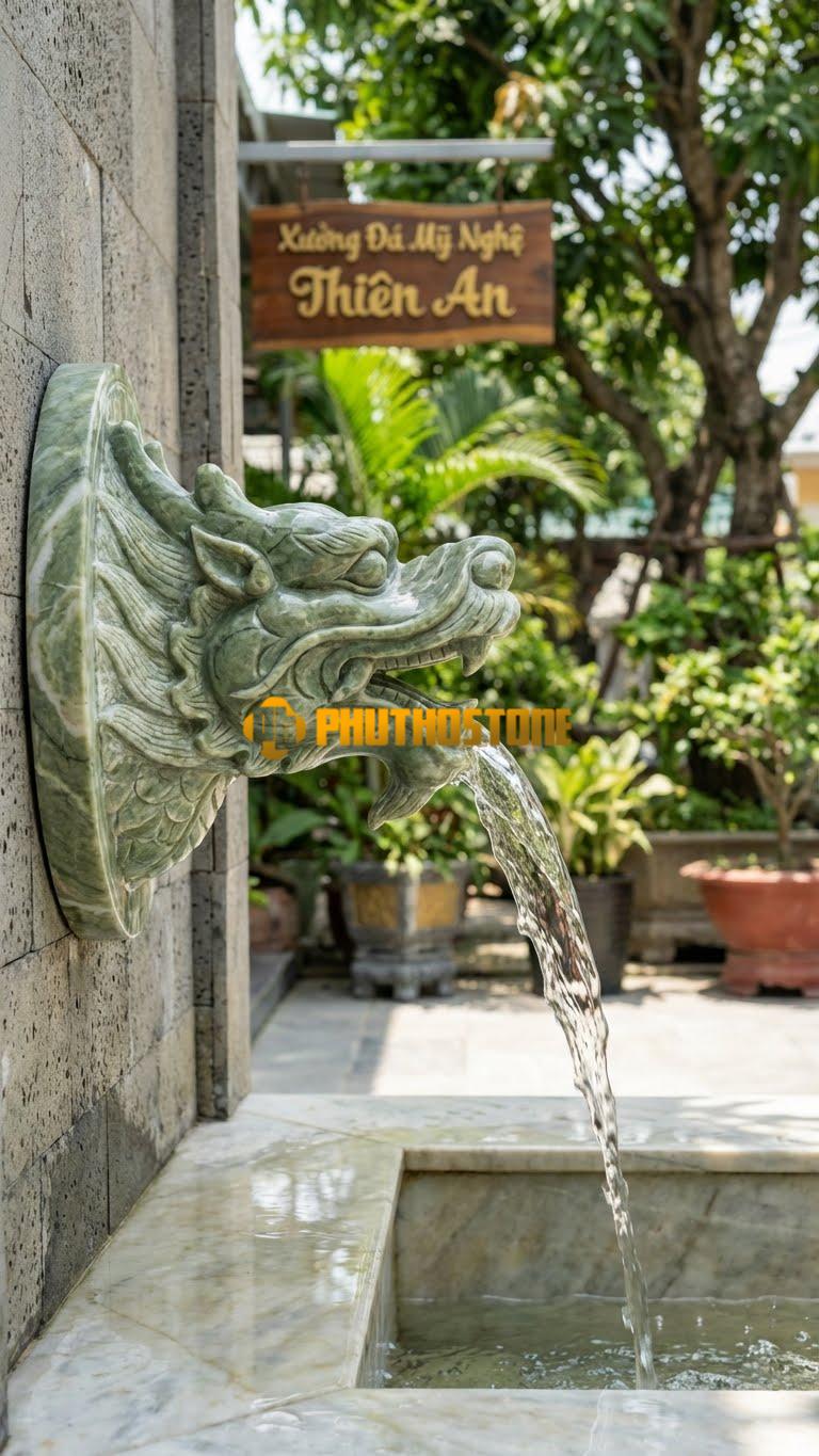Đầu Rồng Phun Nước Gắn Tường 40cm x 60cm. Chất Liệu Đá Xanh Ấn