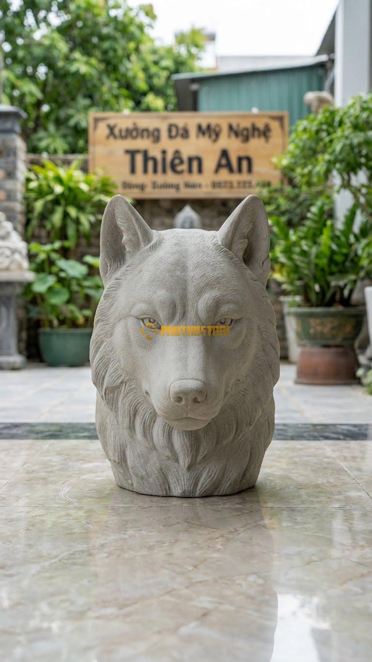 Đầu Sói (Wolf Head) Bằng Đá Sa Thạch, Kiểu Dáng Ánh Mắt Sắc Lạnh. Kích Thước Cao 30cm.