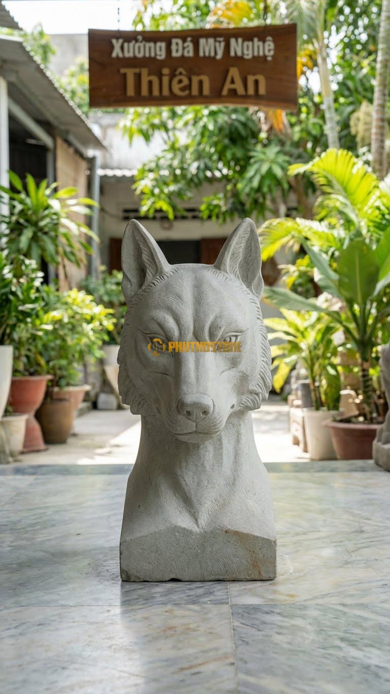 Đầu Sói (Wolf Head) Bằng Đá Sa Thạch, Kiểu Dáng Ánh Mắt Sắc Lạnh. Kích Thước Cao 30cm.
