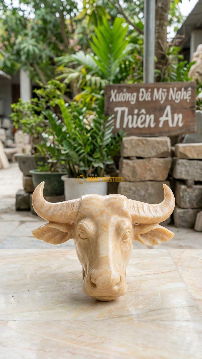 Đầu Trâu Treo Tường Bằng Đá Vàng Nghệ An, Kiểu Dáng Điêu Khắc Đầu Trâu Nghệ Thuật. Kích Thước Rộng 40cm.