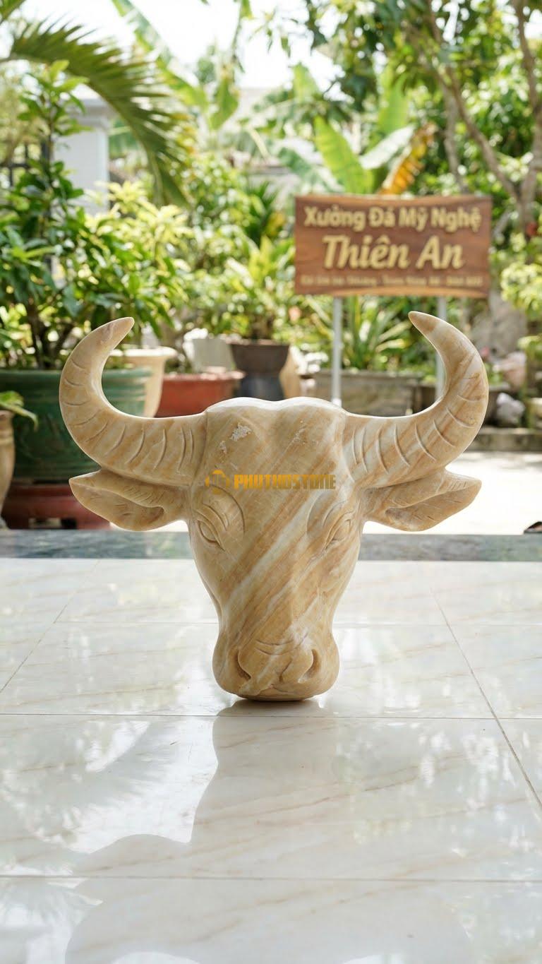 Đầu Trâu Treo Tường Bằng Đá Vàng Nghệ An, Kiểu Dáng Điêu Khắc Đầu Trâu Nghệ Thuật. Kích Thước Rộng 40cm.