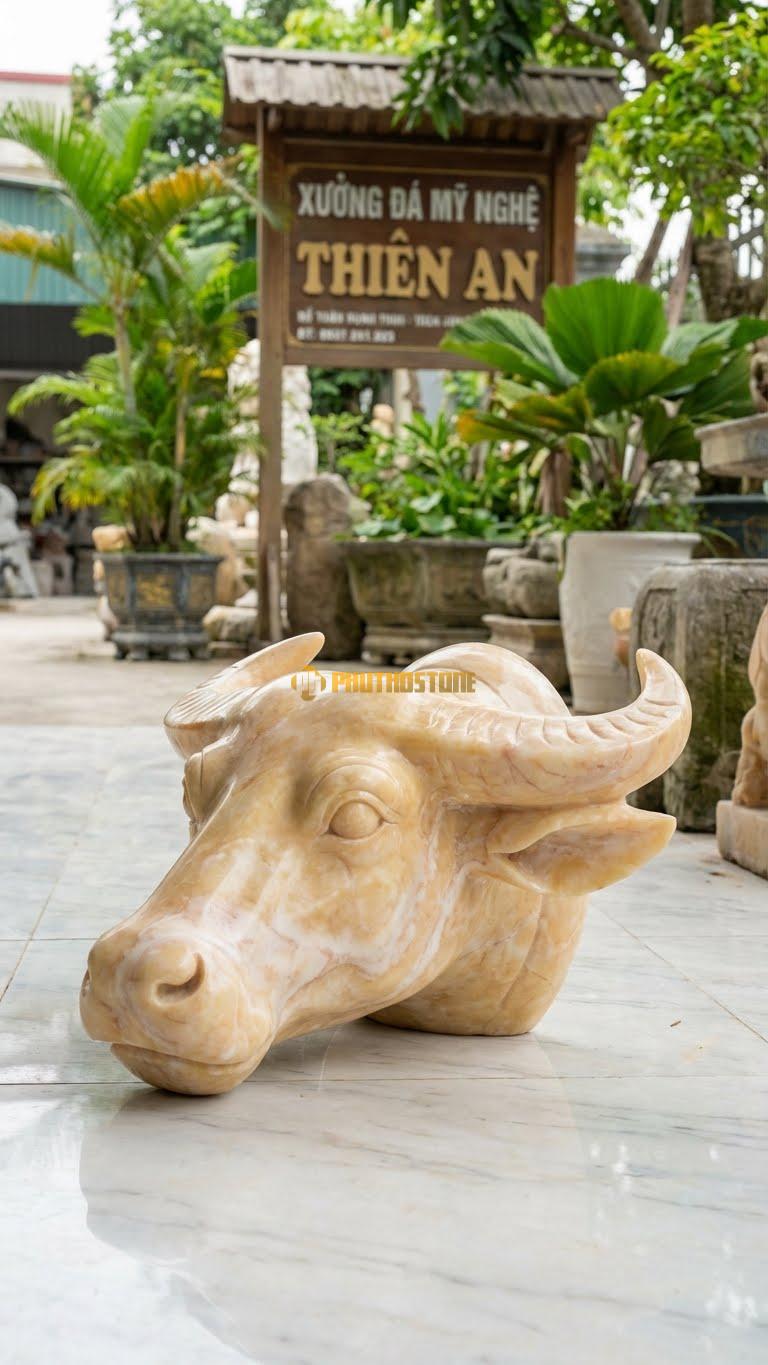 Đầu Trâu Treo Tường Bằng Đá Vàng Nghệ An, Kiểu Dáng Điêu Khắc Đầu Trâu Nghệ Thuật. Kích Thước Rộng 40cm.