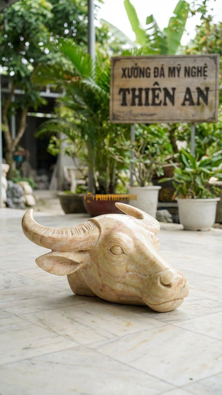 Đầu Trâu Treo Tường Bằng Đá Vàng Nghệ An, Kiểu Dáng Điêu Khắc Đầu Trâu Nghệ Thuật. Kích Thước Rộng 40cm.