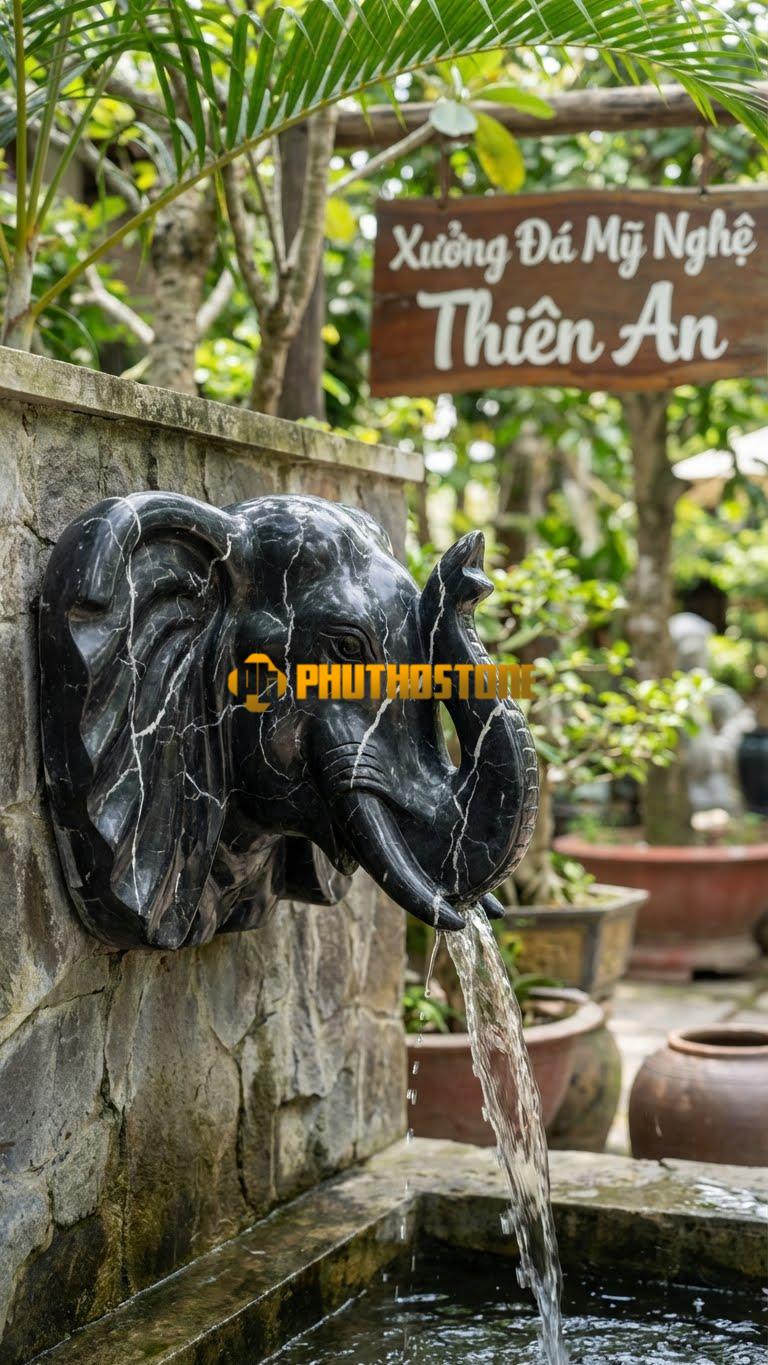 Đầu Voi Đá Gắn Tường Phun Nước 50cm x 60cm. Chất Liệu Đá Đen Tia Chớp