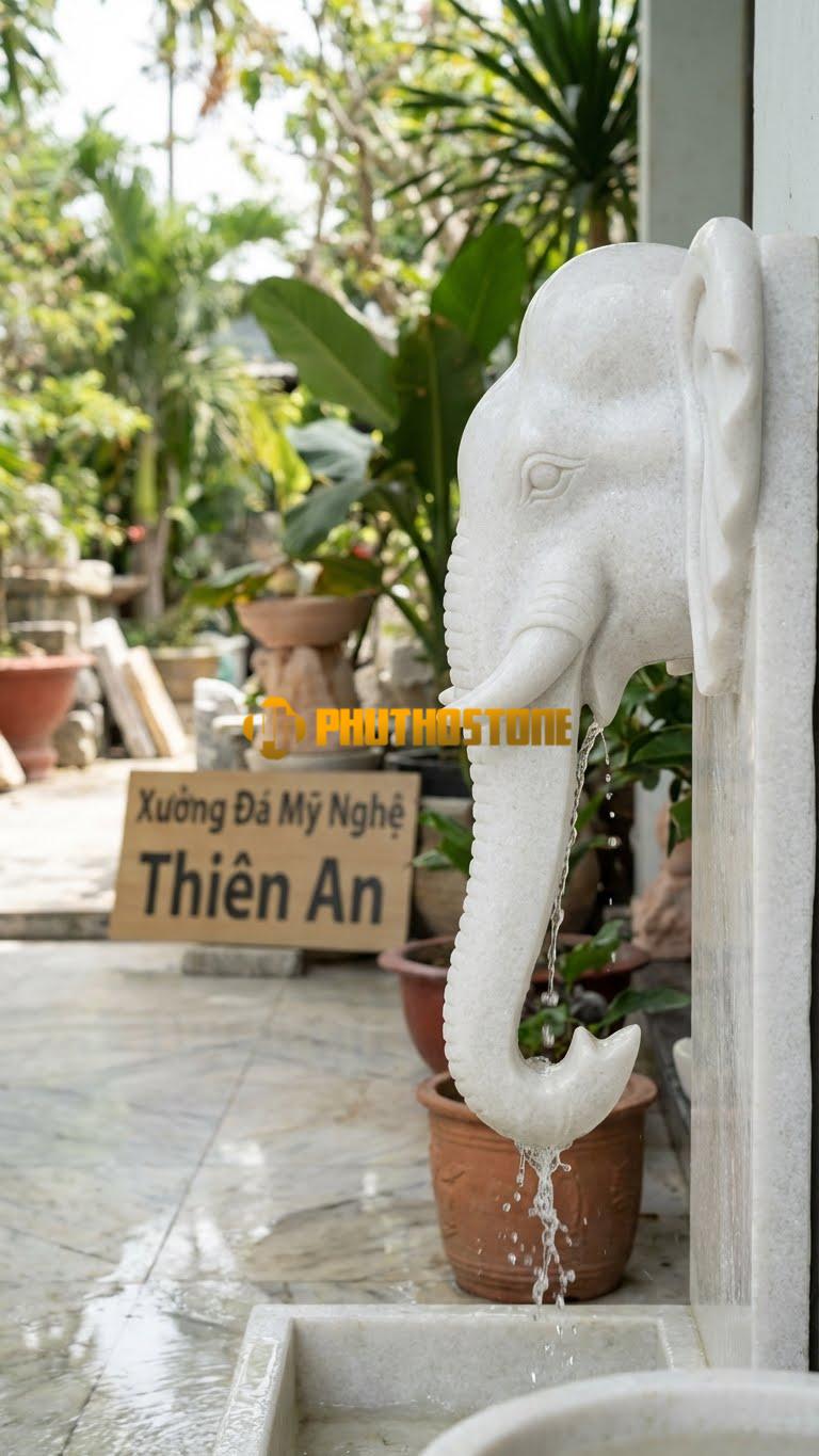 Đầu Voi Đá Gắn Tường Phun Nước 50cm x 60cm. Chất Liệu Đá Trắng Muối