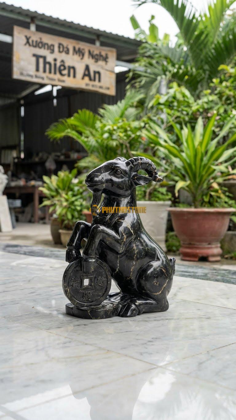 Dê Cầm Đồng Tiền Bằng Đá Đen Chỉ Nâu, Kiểu Dáng Chân Trước Giữ Đồng Xu. Kích Thước Cao 25cm.