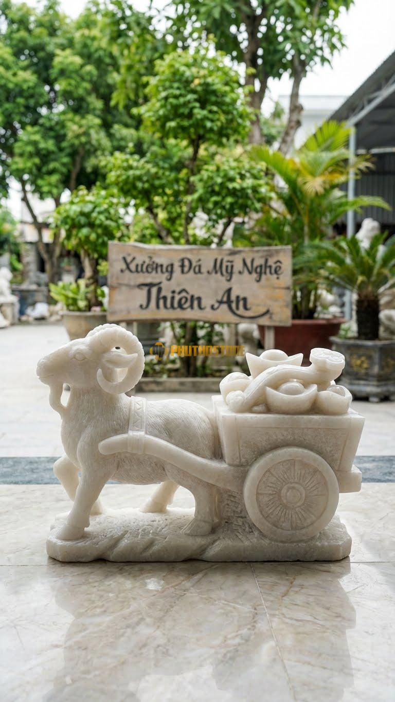 Dê Kéo Xe Bằng Đá Trắng Muối, Kiểu Dáng Xe Chở Gậy Như Ý/Vàng. Kích Thước Dài 35cm.