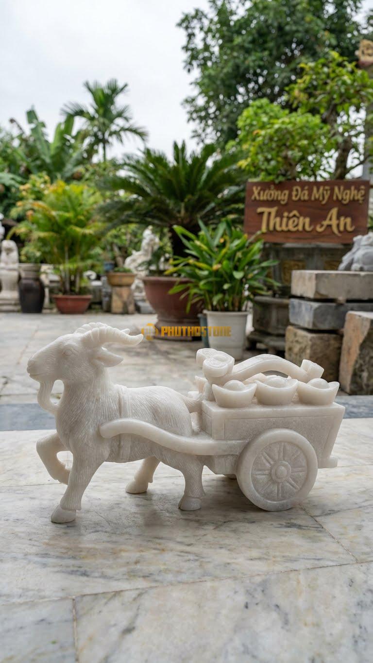 Dê Kéo Xe Bằng Đá Trắng Muối, Kiểu Dáng Xe Chở Gậy Như Ý/Vàng. Kích Thước Dài 35cm.
