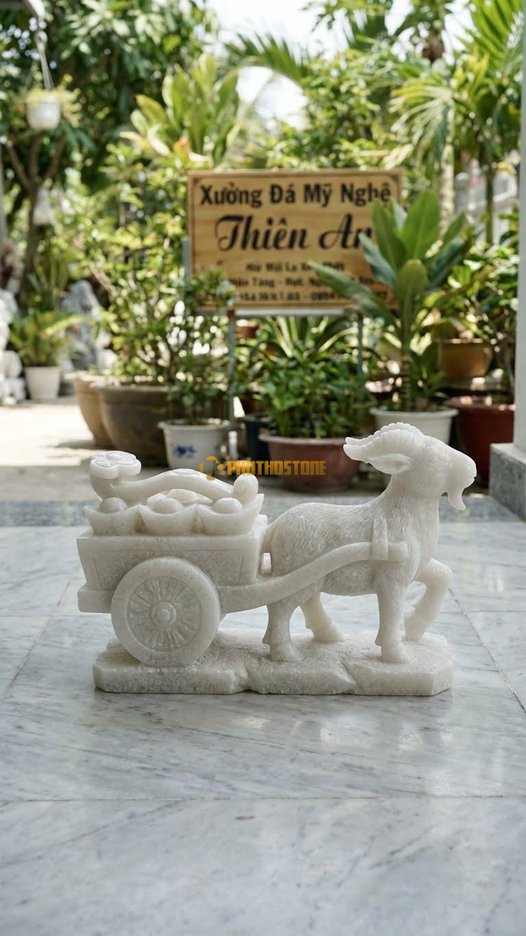 Dê Kéo Xe Bằng Đá Trắng Muối, Kiểu Dáng Xe Chở Gậy Như Ý/Vàng. Kích Thước Dài 35cm.