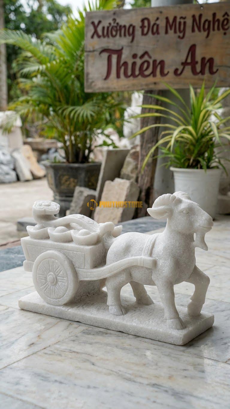 Dê Kéo Xe Bằng Đá Trắng Muối, Kiểu Dáng Xe Chở Gậy Như Ý/Vàng. Kích Thước Dài 35cm.