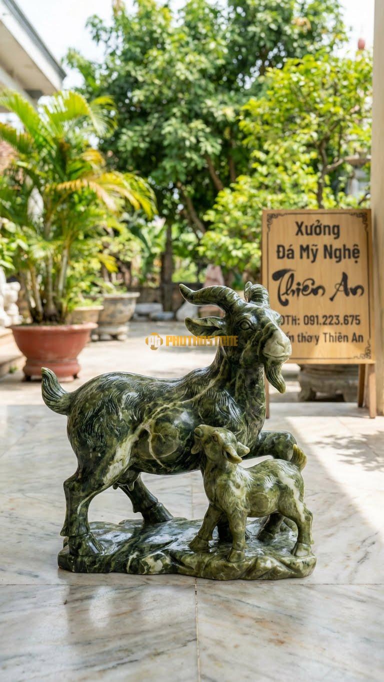 Dê Mẹ Con Bằng Đá Serpentine, Kiểu Dáng Kích Thước Dài 30cm.