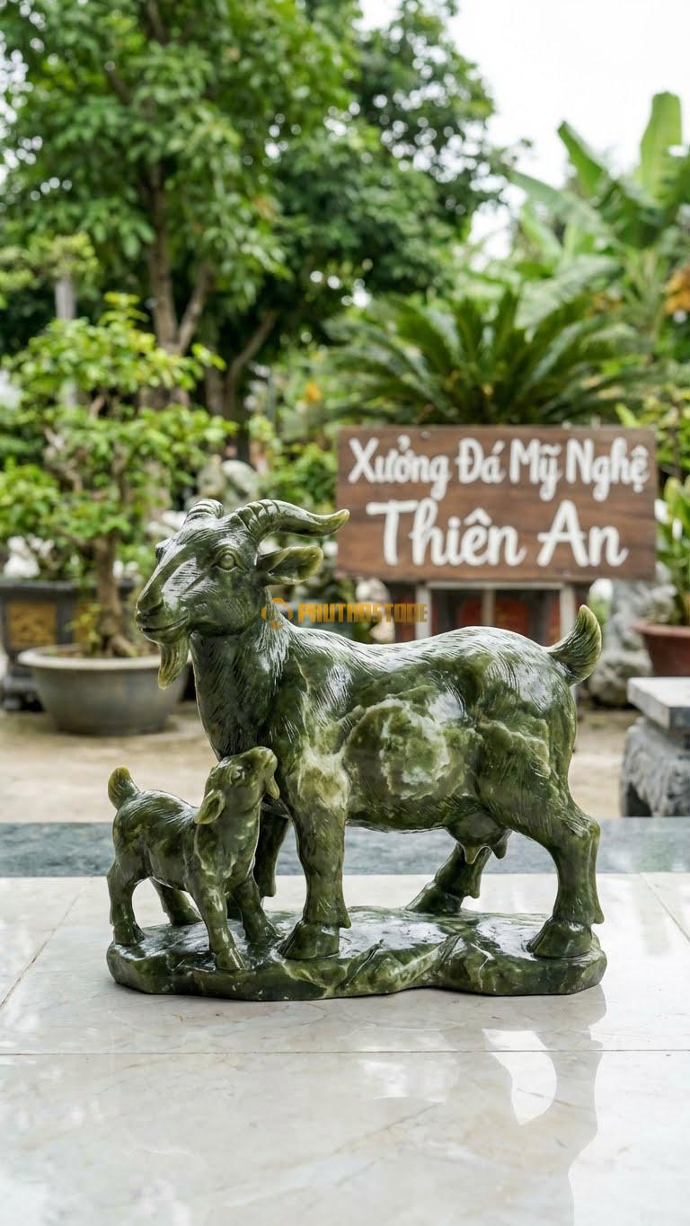 Dê Mẹ Con Bằng Đá Serpentine, Kiểu Dáng Kích Thước Dài 30cm.