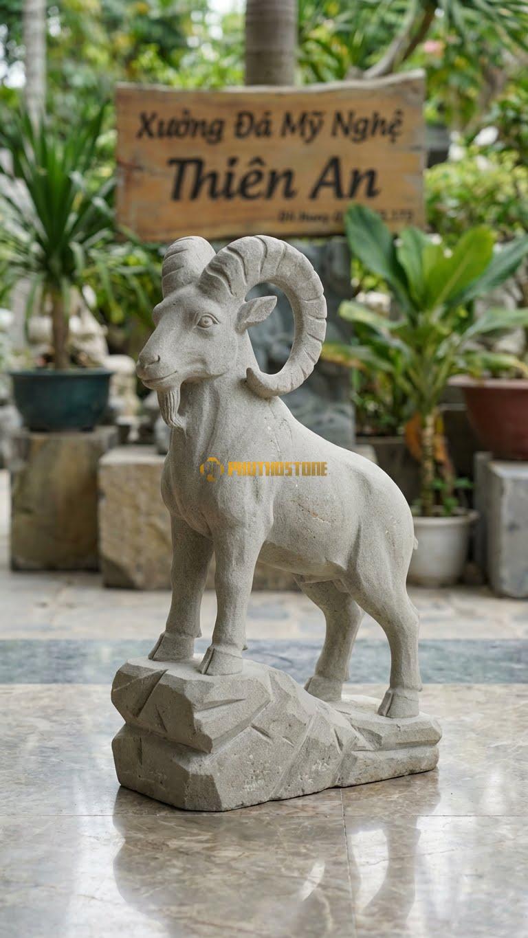Dê Núi (Sừng Cong Lớn) Bằng Đá Sa Thạch, Kiểu Dáng Đứng Trên Mỏm Đá Cheo Leo. Kích Thước Cao 35cm.