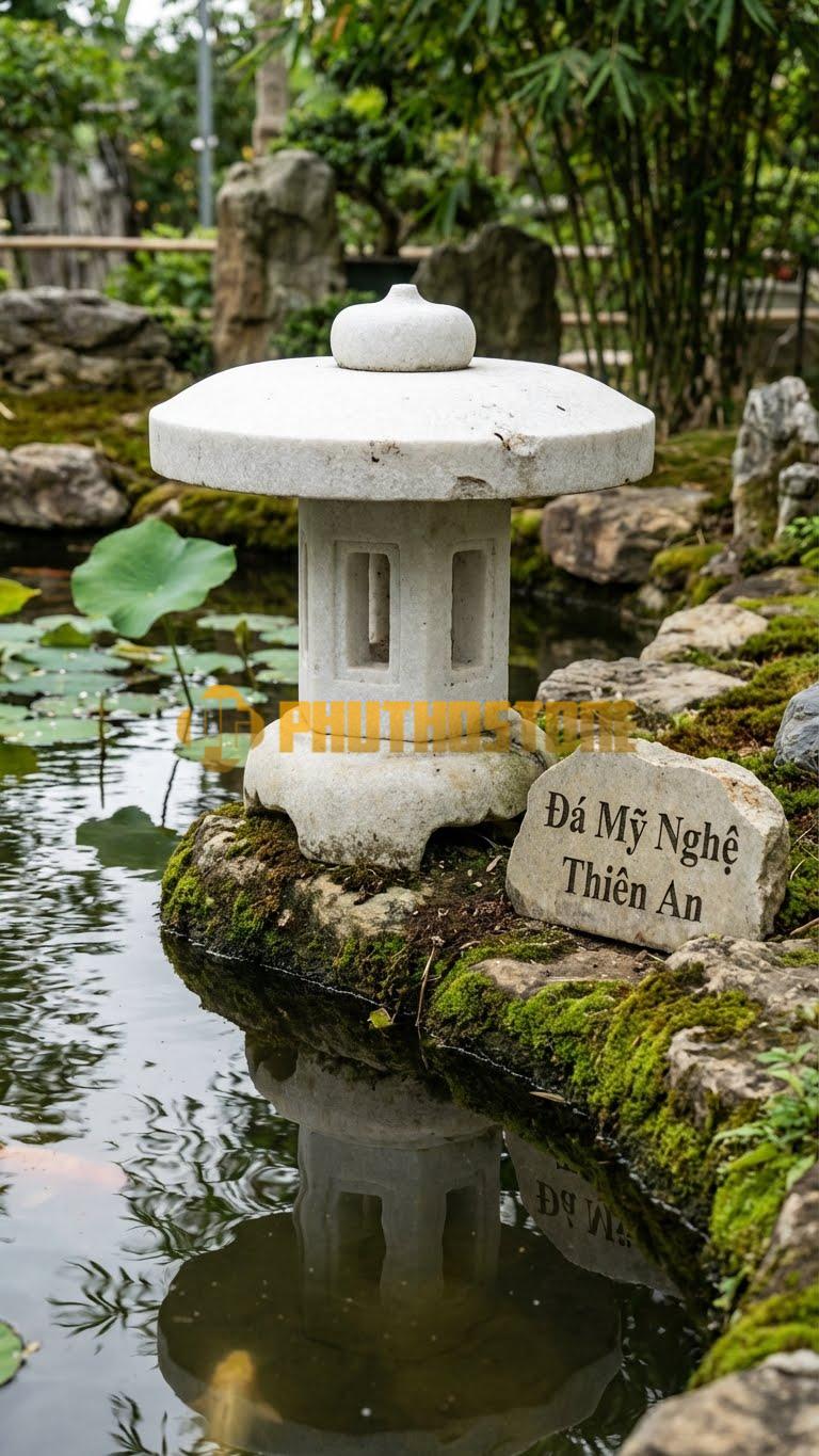 Đèn Đá Granite Cuội Suối Hình Tròn Tự Nhiên, Khoét Rỗng Ruột, Giữ Nguyên Vỏ Rêu Phong D30Cm
