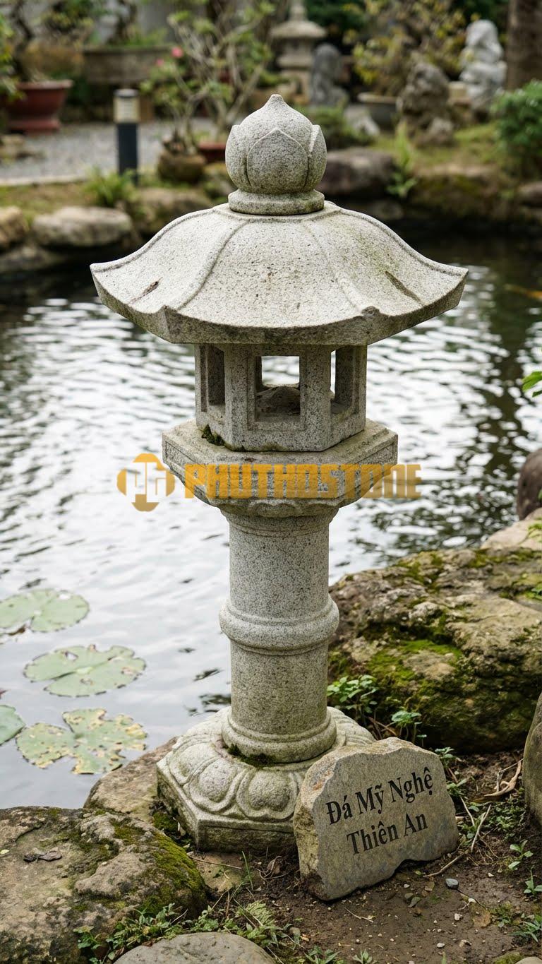Đèn Đá Granite Đài Đăng Kasuga Cột Cao, Mái Lục Giác Cong Vút 6 Góc, Đỉnh Búp Sen, Thân Chạm Đai Lưng Cao 1M2