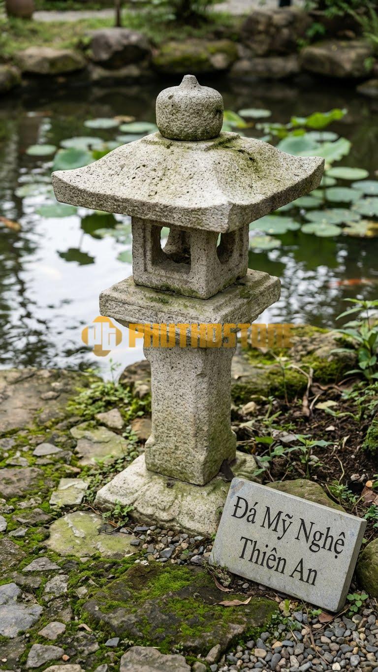 Đèn Đá Granite Trụ Oribe Chân Vuông Phình To Chạm Phù Điêu Phật (Jizo), Không Đế Dưới Cùng Cao 1M
